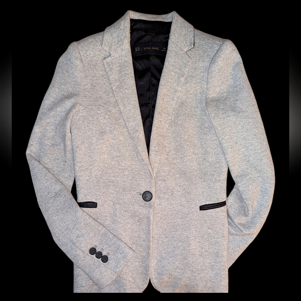 Sleek ZARA BASIC Hour Glass Fit Blazer Faux Leather Detail Vintage Wool Style